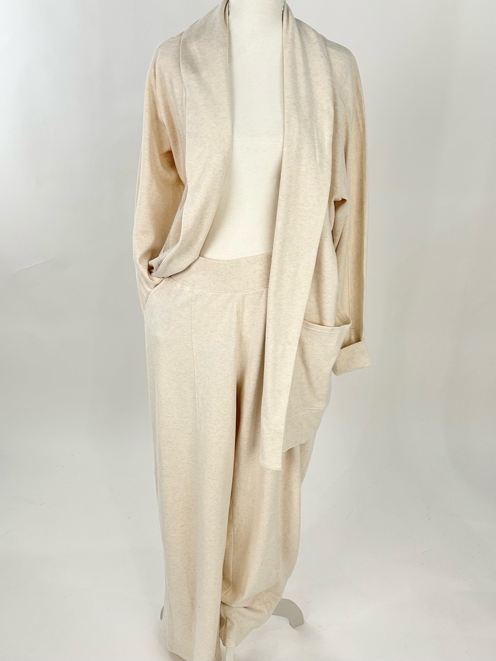 Pact Airplane Wrap Cardigan Pintuck Wide Leg Pant Set Cream Heather L